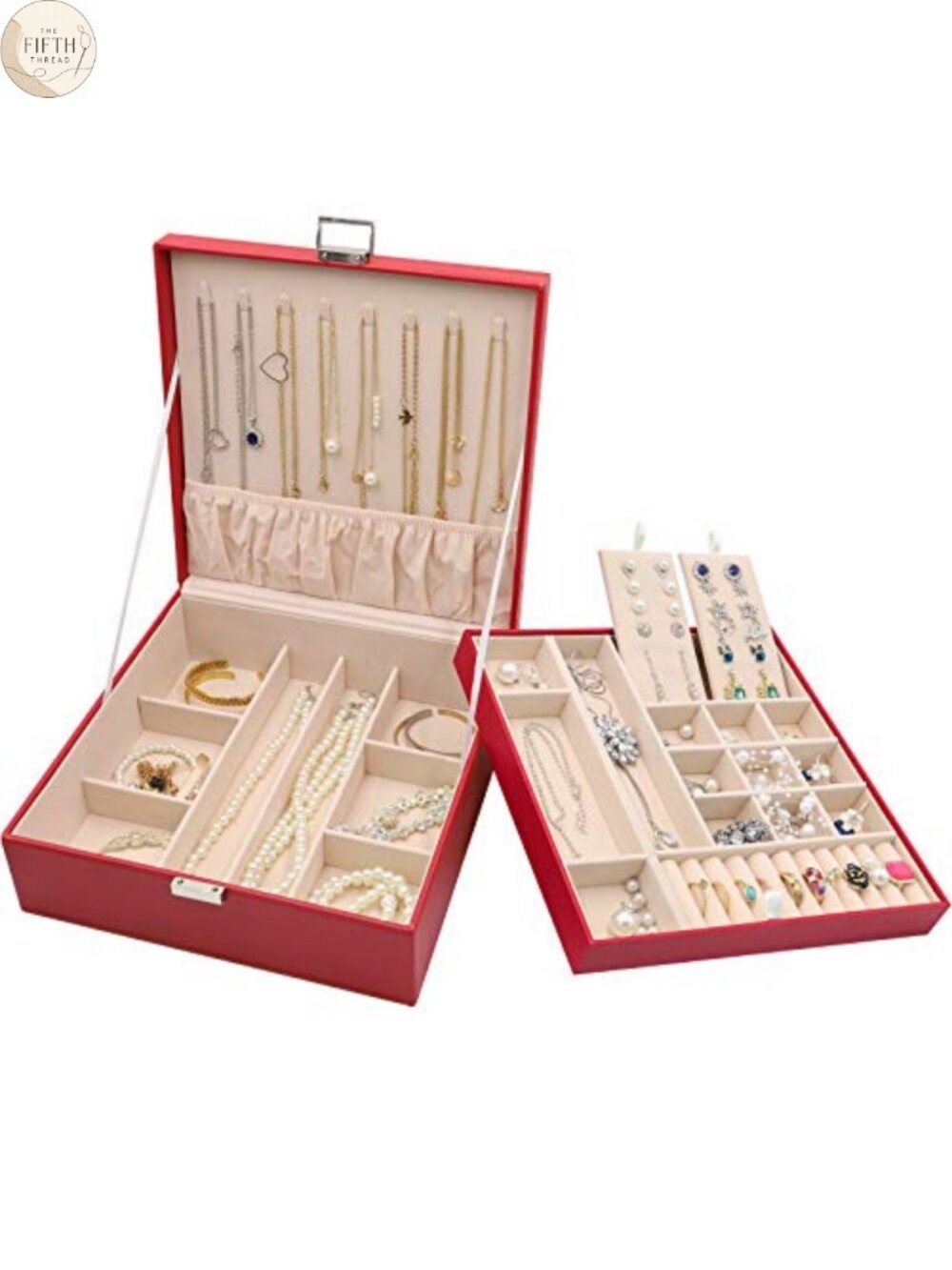 PU Leather Jewelry Box Organizer Double Layer Stackable Velvet Interior